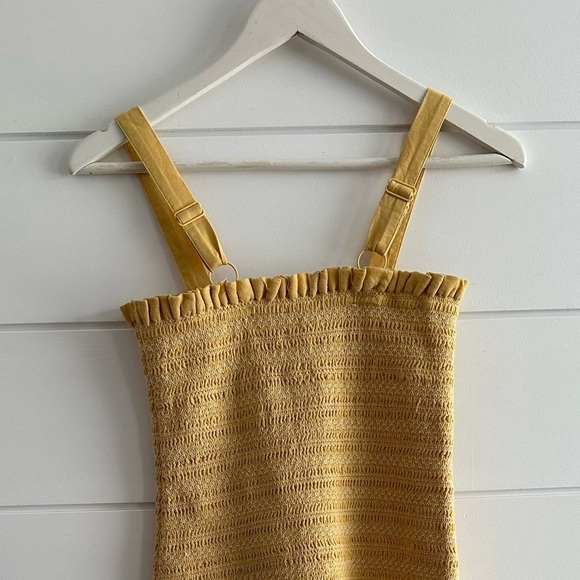 Linen Smocked Knee Length Dress - Yellow/ White Size: Estimate XS/S - Picture 7 of 14